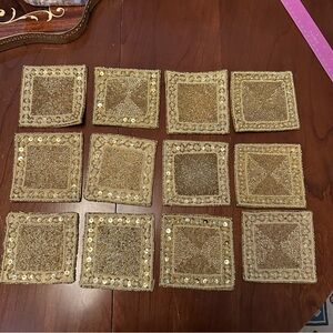Vintage Gold Hand-Beaded Coasters from India - Set of 12
